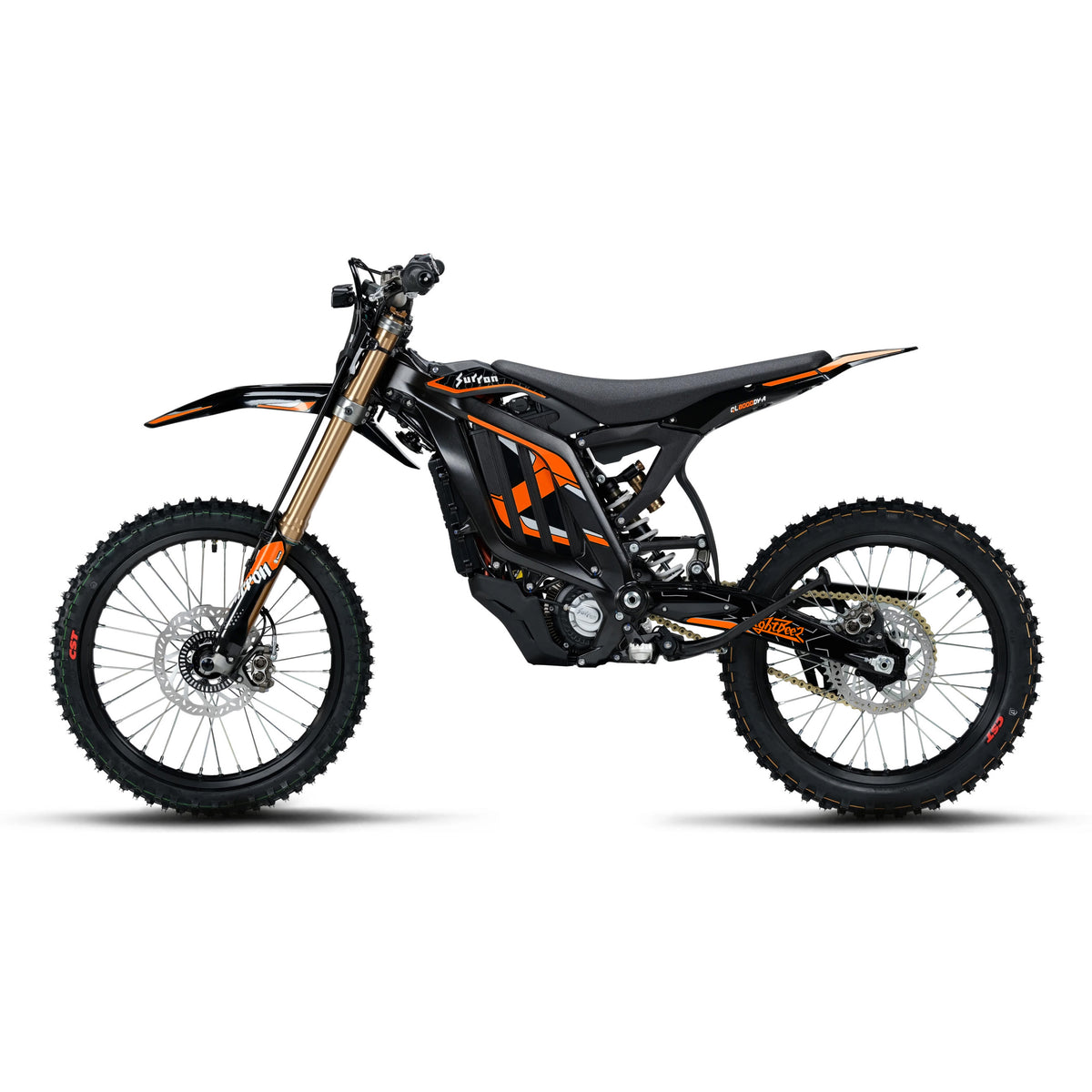 Orange Sur-Ron Light Bee 2.0 OEM extended graphics kit fitted to the bike