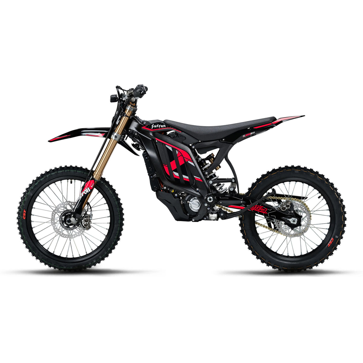 Red Sur-Ron Light Bee 2.0 OEM extended graphics kit showing frame coverage