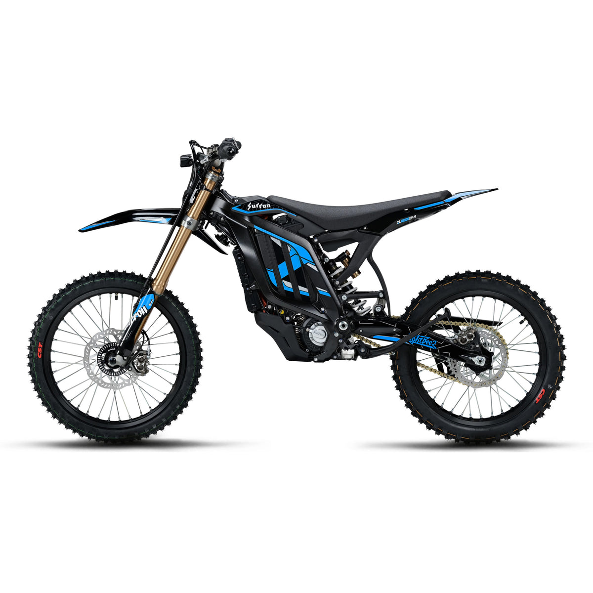 Blue Sur-Ron Light Bee 2.0 OEM graphics with extended swingarm coverage